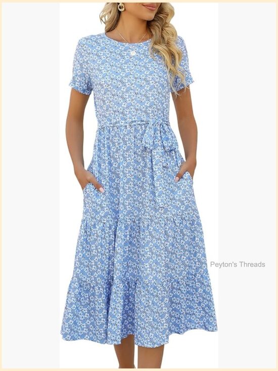 Dresses & Skirts - Tiered Midi Dress Short Sleeve Belted Ruffle Babydoll Boho Sundress with Pockets